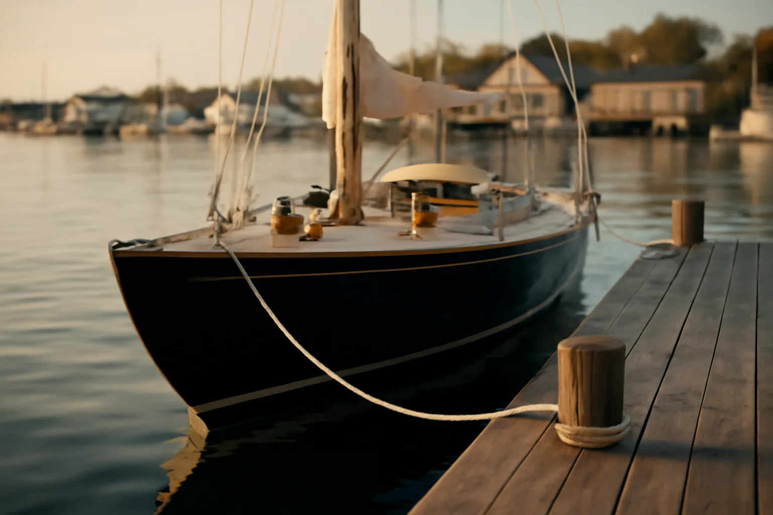 Dark-hulled yacht at a wooden pier used for broker listings