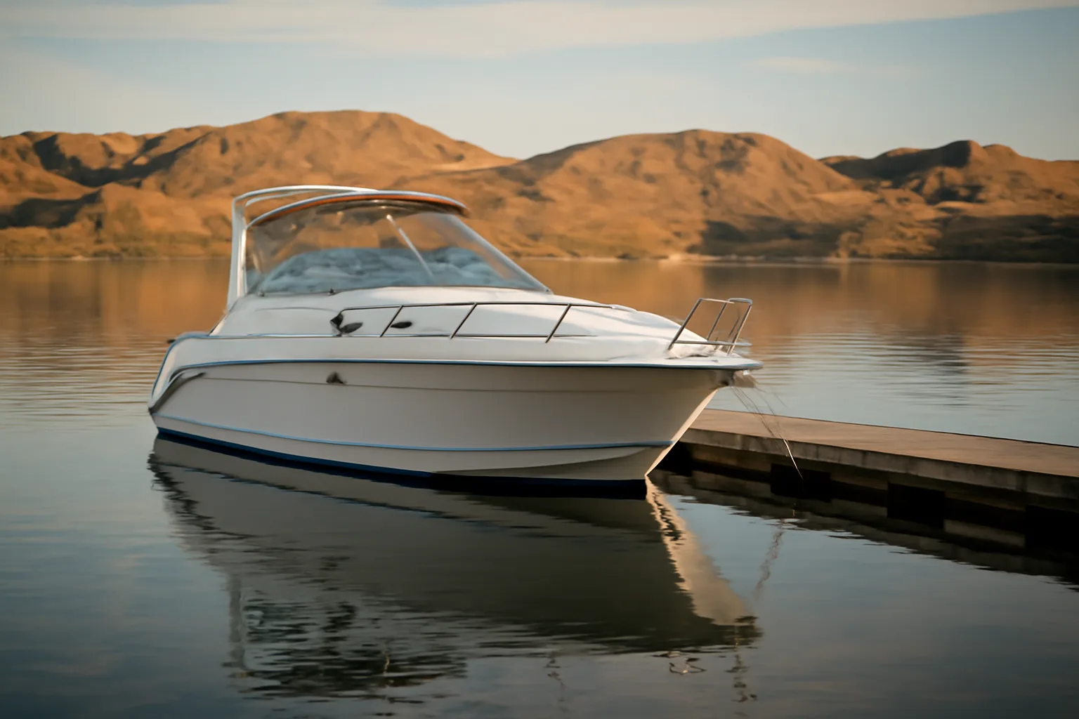 Arizona yacht waiting in a Lake Havasu slip at sunset