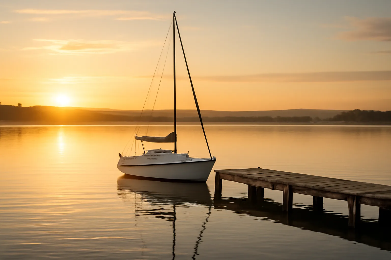 Sailboat moored at a dock on a calm South Dakota lake at dawn