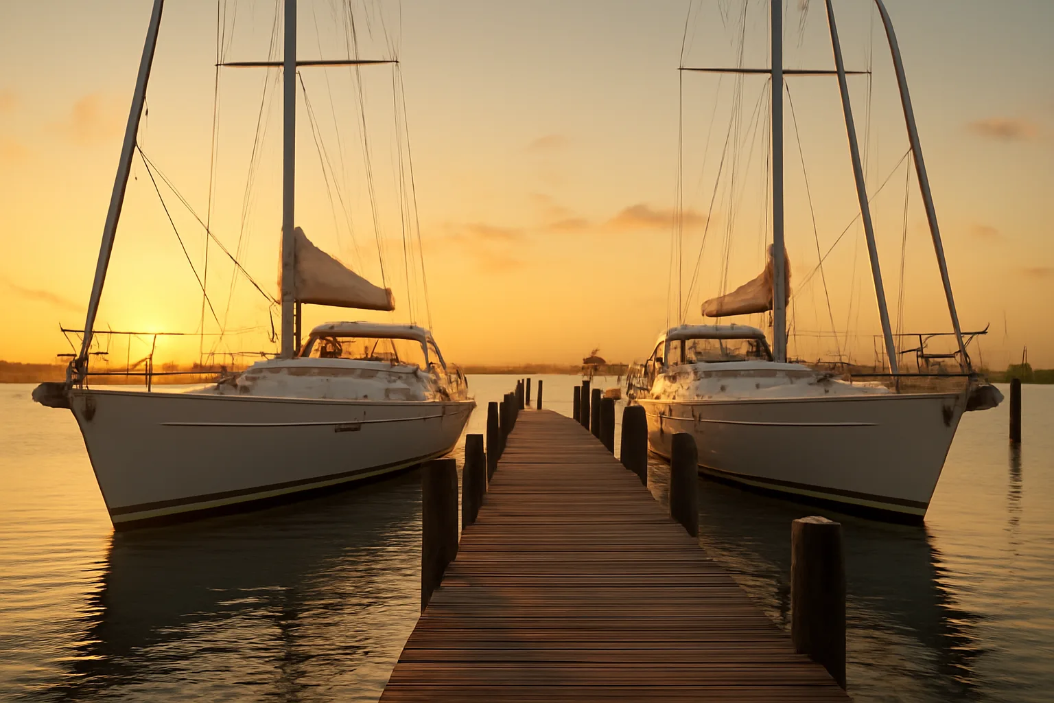 Texas Gulf Coast marina at golden hour with large sailing yachts moored at wooden docks