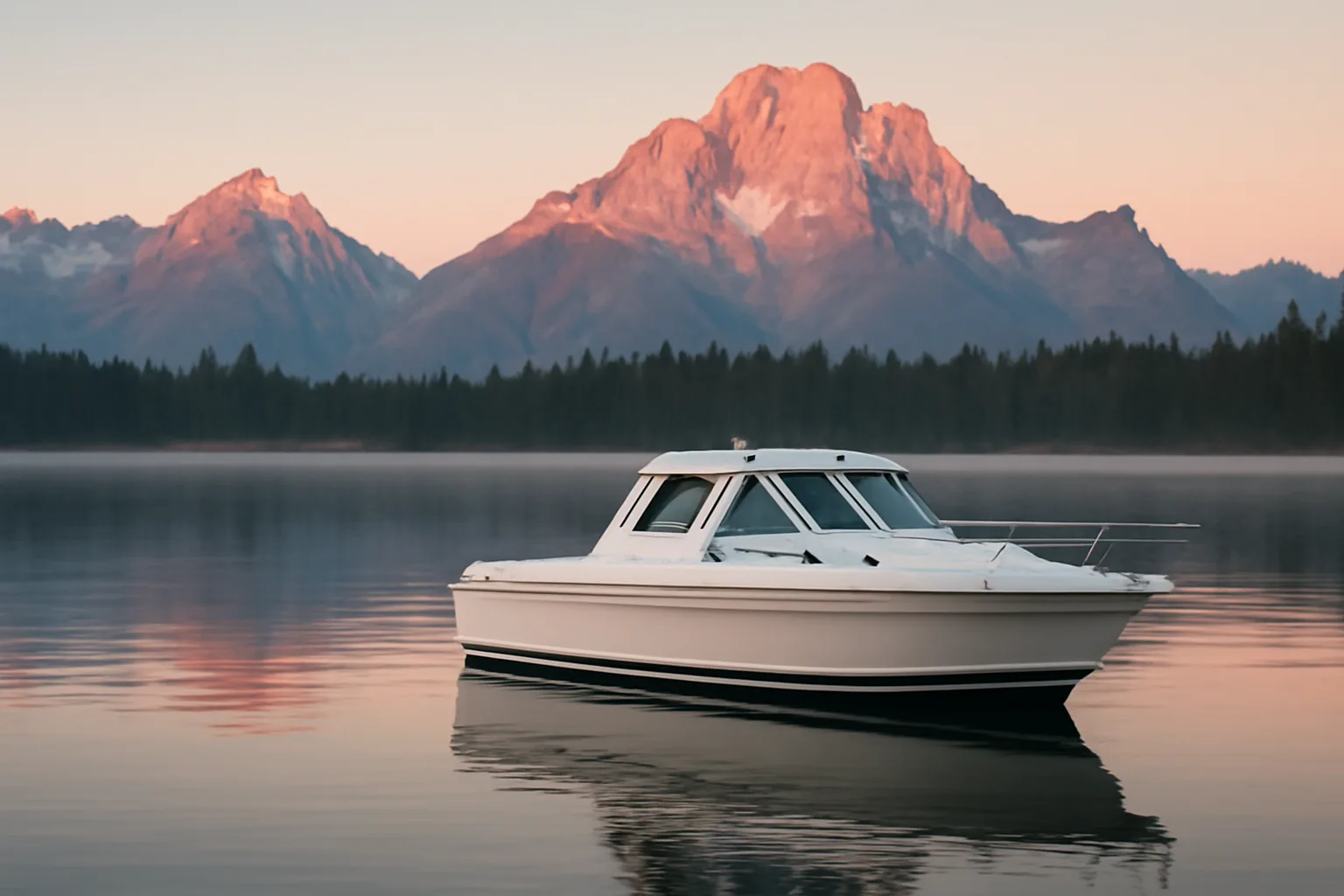 Cabin cruiser on a Wyoming mountain lake at sunrise