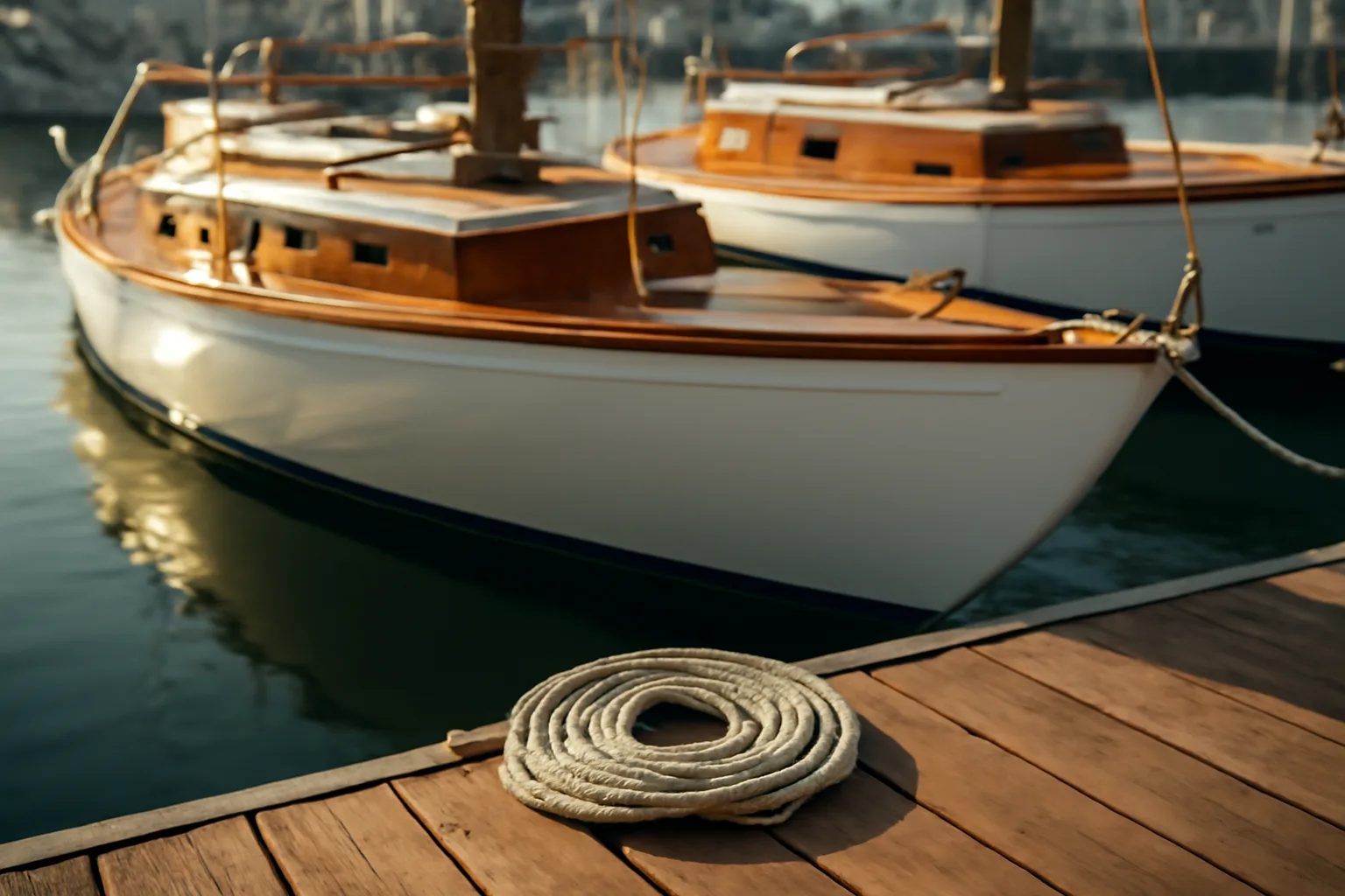 White yachts tied in a still California marina slip at sunset
