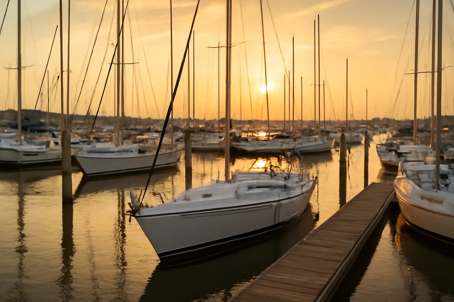 Texas Gulf Coast marina with white yachts moored at wooden docks at sunset