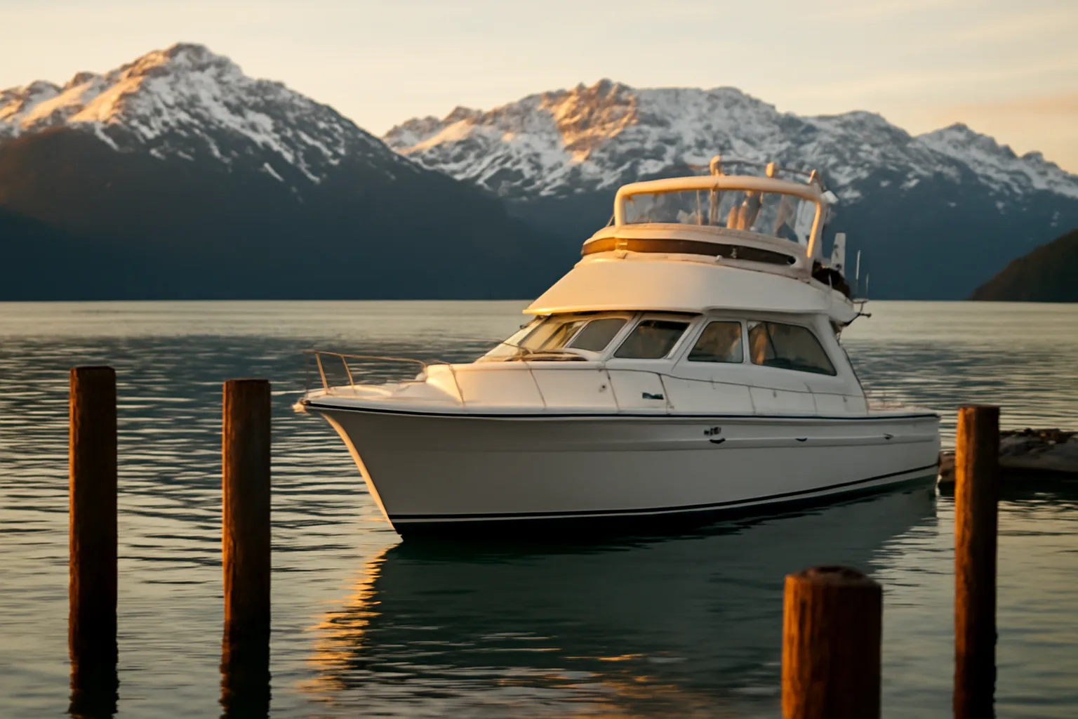 Motoryacht moored in a mountain-backed Alaska harbor at dusk