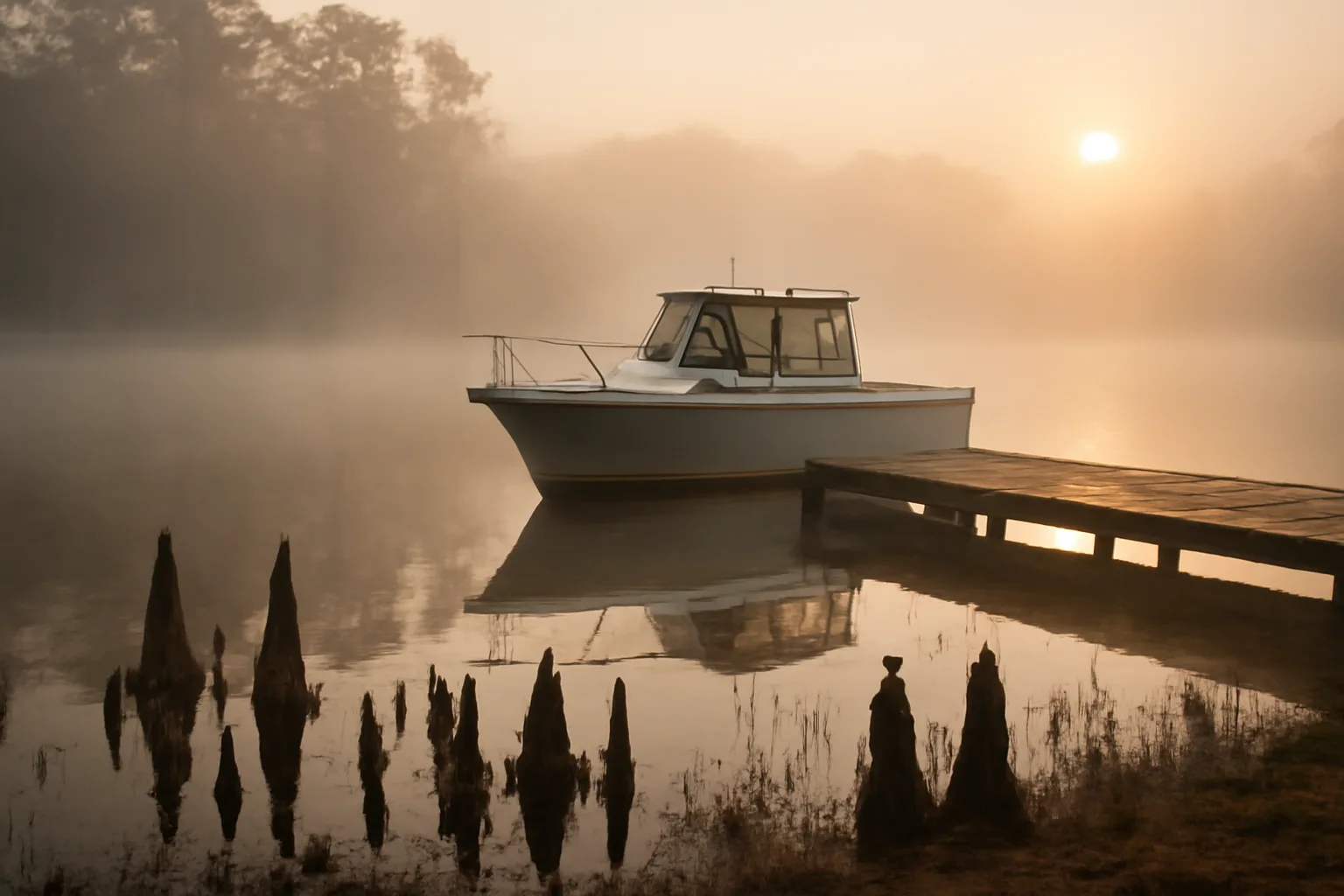 White cabin cruiser at a wooden dock on a foggy Arkansas lake