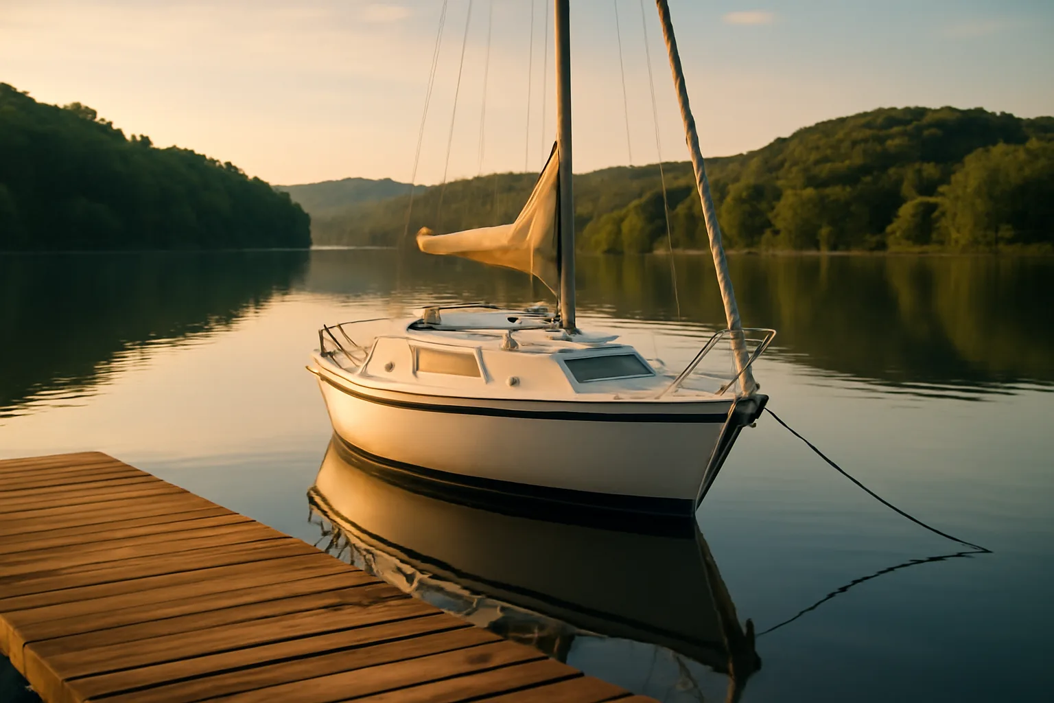 Sailboat moored at a Tennessee lake marina at golden hour