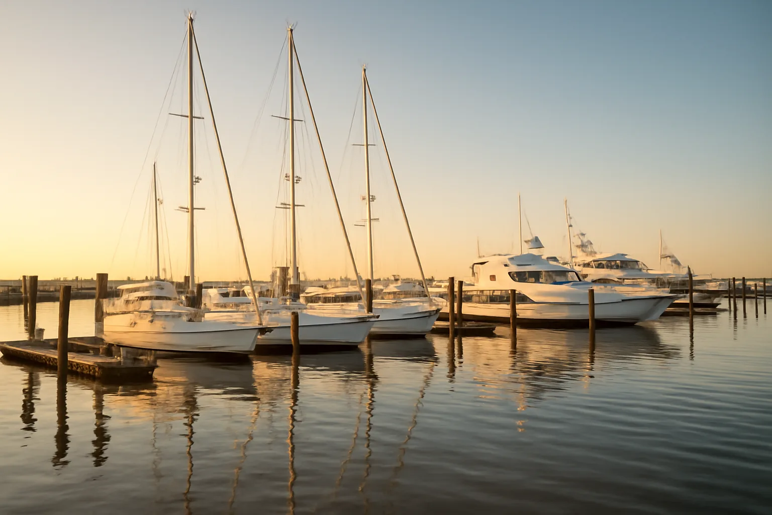 Texas Gulf Coast marina at sunrise with motor yachts and sailboats at dock