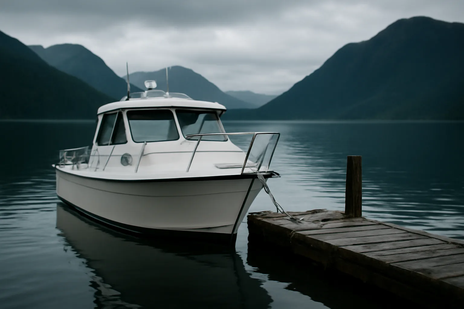 White motor yacht tied in a still Alaska harbor at dusk