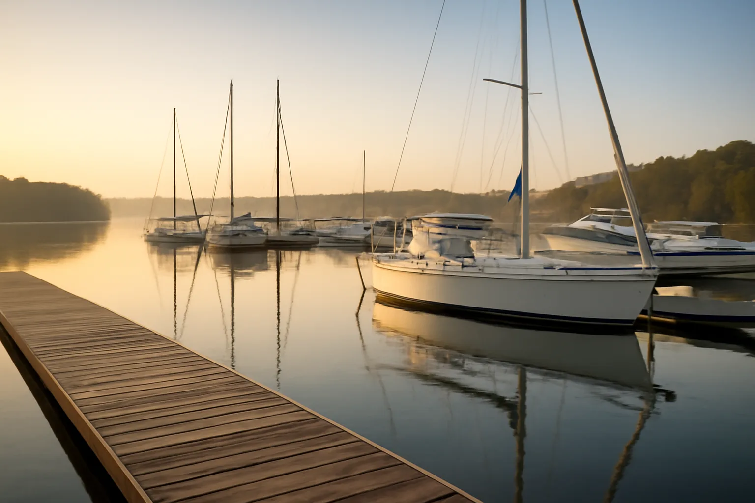 Tennessee lake marina at sunrise with large cruisers moored at wooden docks