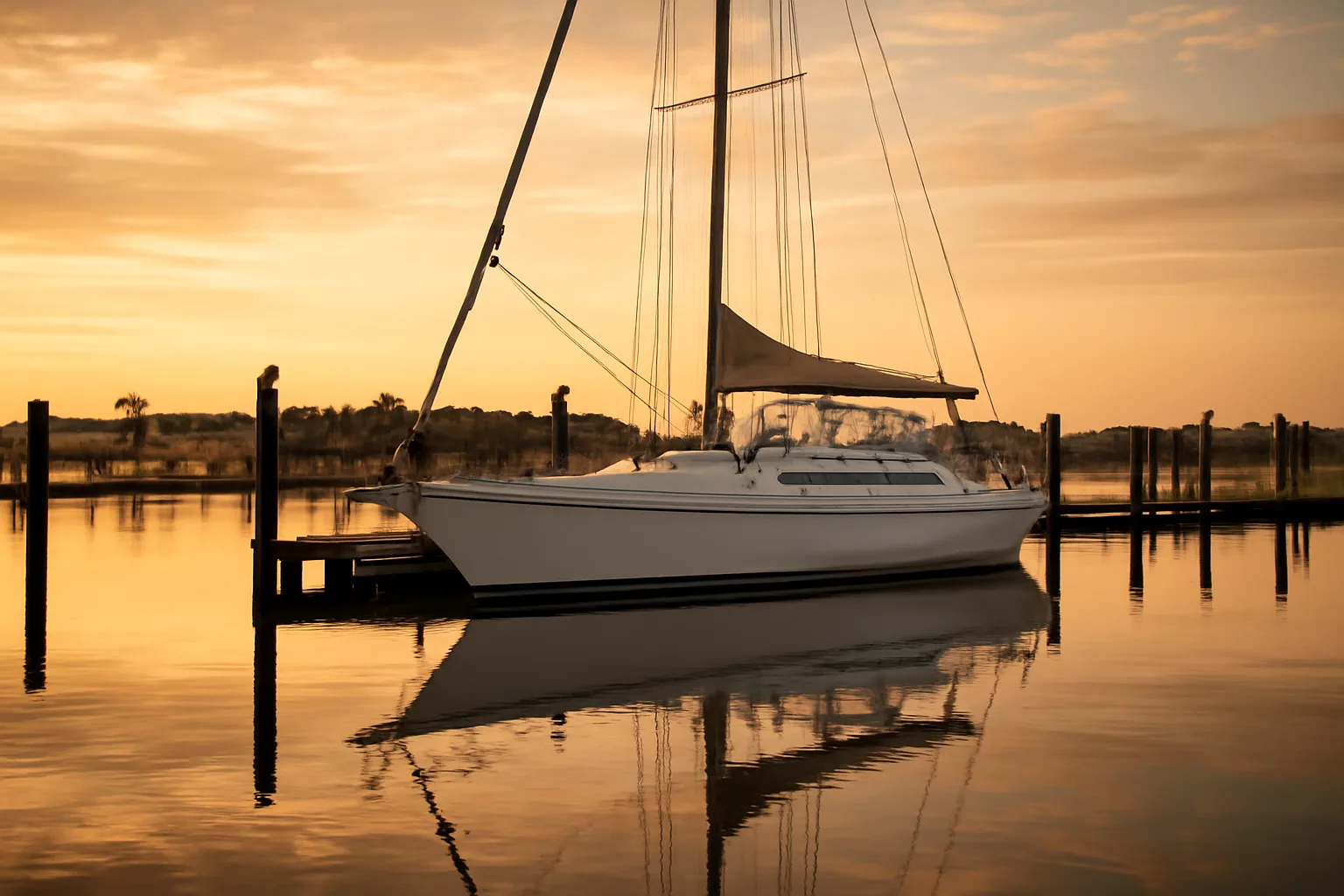 Sailing yacht moored at a Gulf Coast Texas marina at golden hour