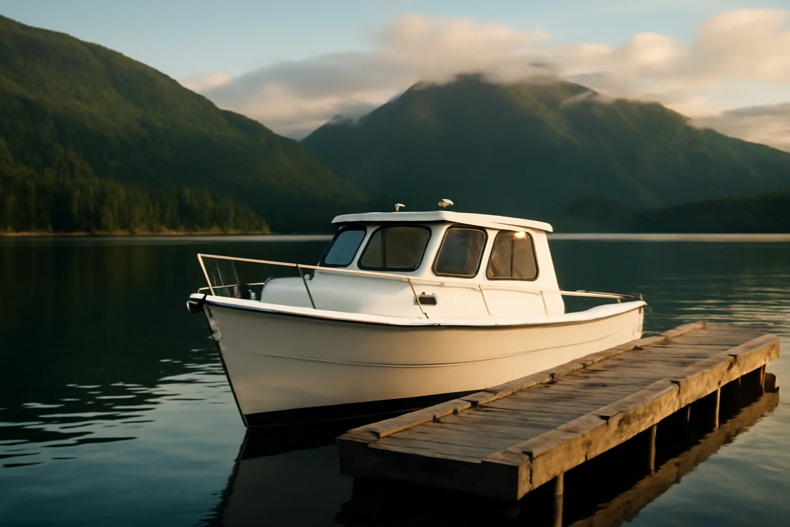 Cabin cruiser tied in an Alaska harbor near yacht broker waters