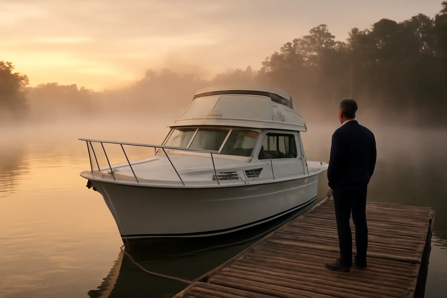 Yacht broker viewing a cabin cruiser at an Arkansas lake dock