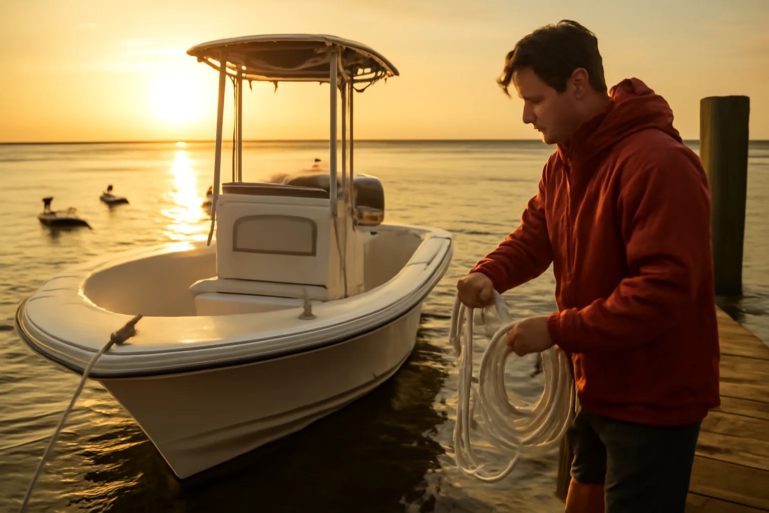 Yacht broker coiling a dock line beside a motoryacht in Mobile Bay