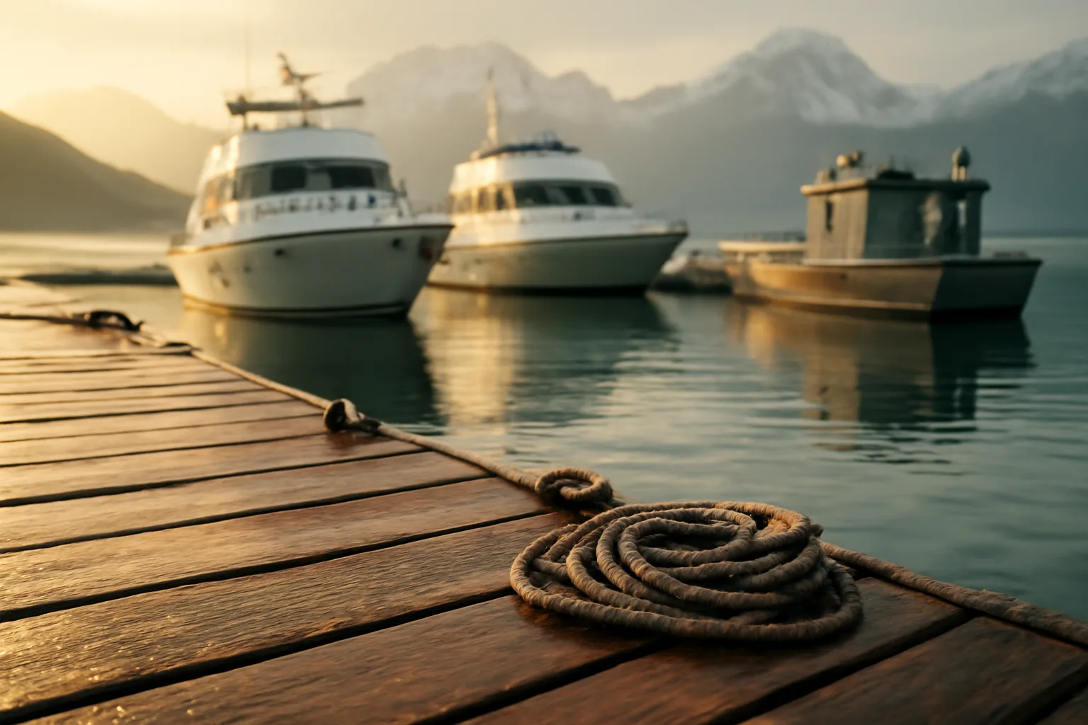 White yachts moored in a cold Alaska harbor at dusk