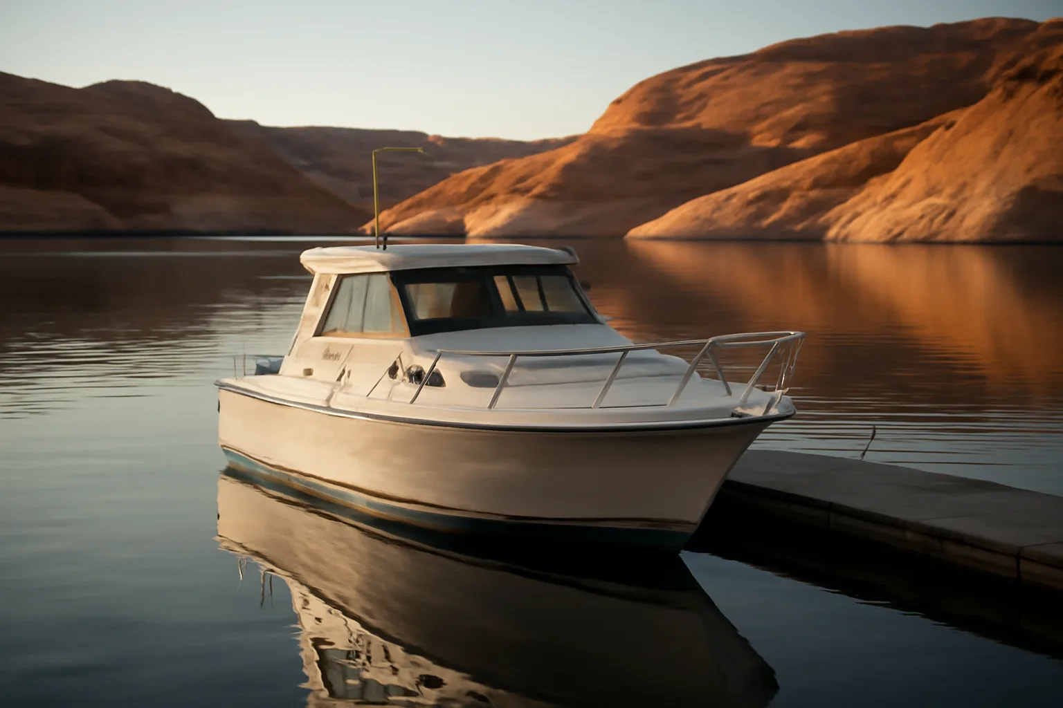 White cabin cruiser docked on a calm Arizona desert lake at sunrise