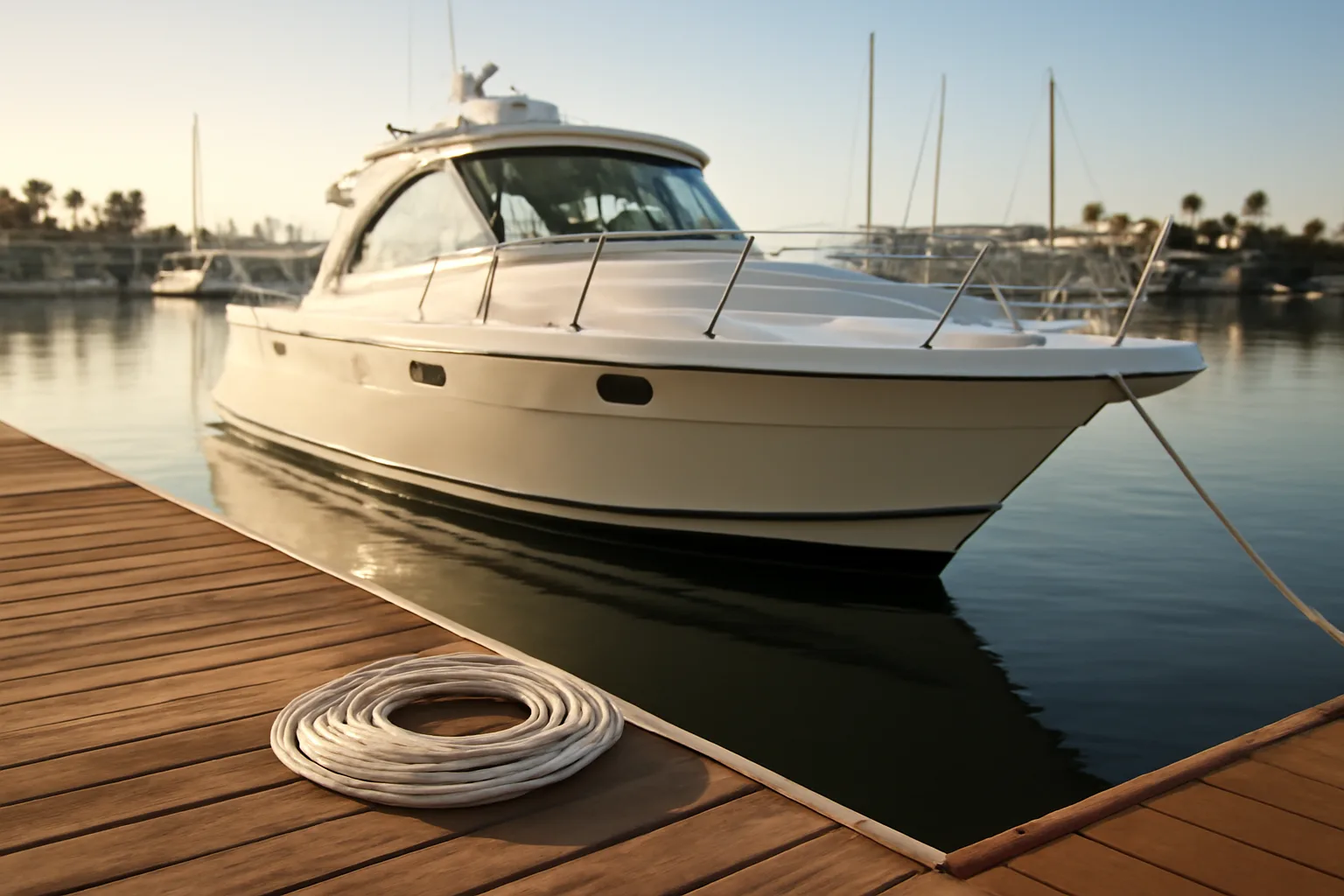 Motor yacht docked at a Southern California marina near yacht brokers