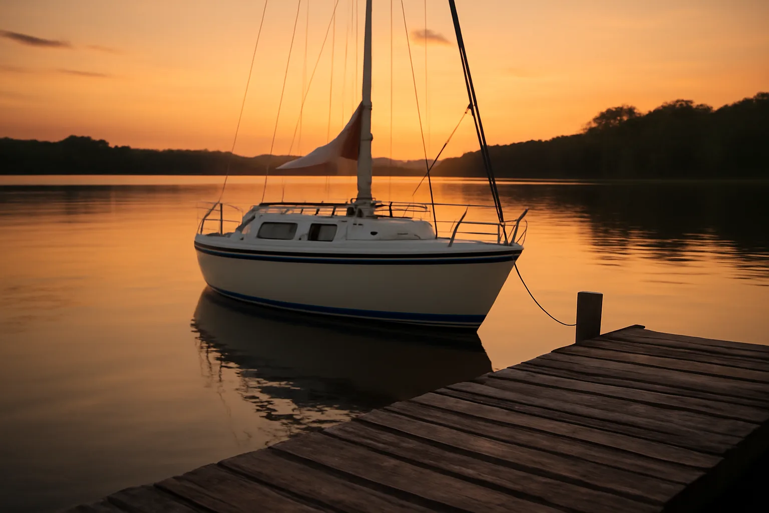 Sailing yacht docked at a Tennessee lake marina at golden hour