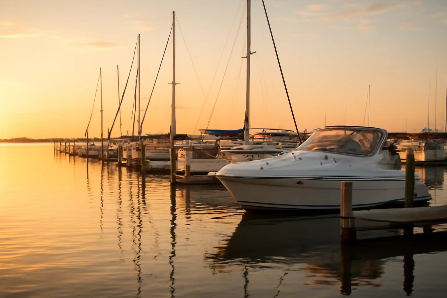 Texas Gulf Coast marina at golden hour with sailing yachts moored at wooden docks
