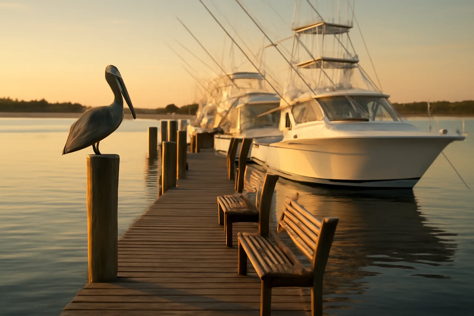 Sportfishing yachts at a quiet Mobile Bay dock at sunset