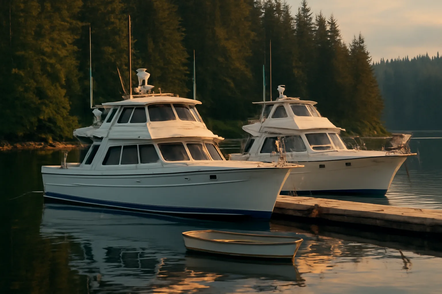Yachts tied along a quiet Sitka float under evening rain light