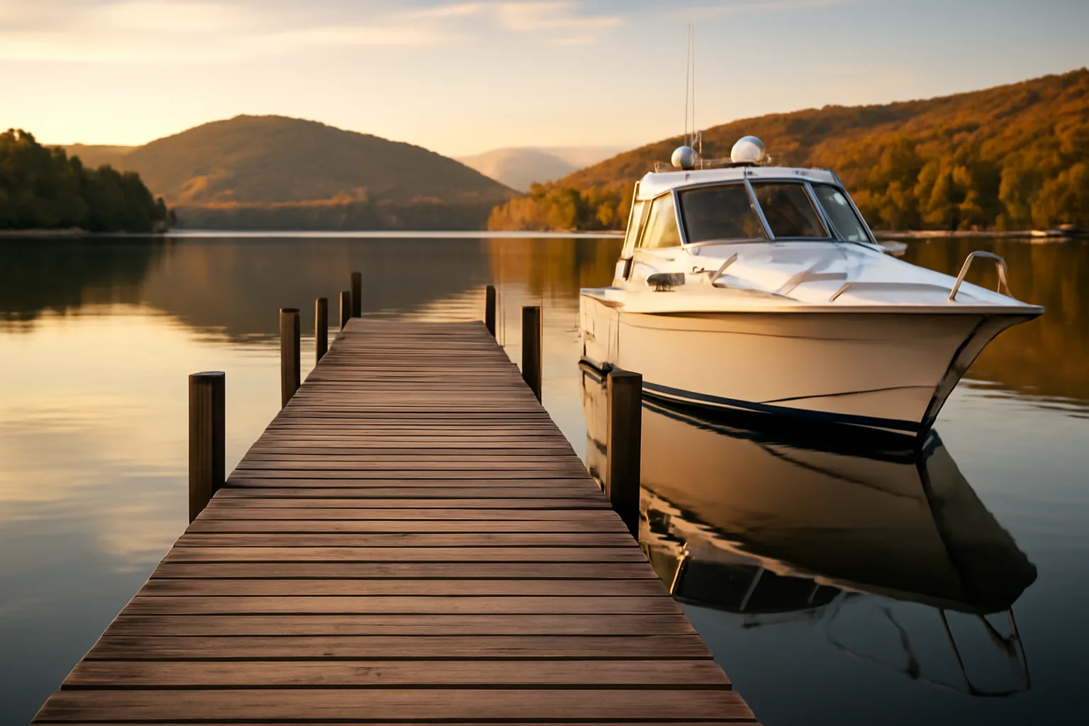White yacht moored at a Tennessee marina dock at golden hour