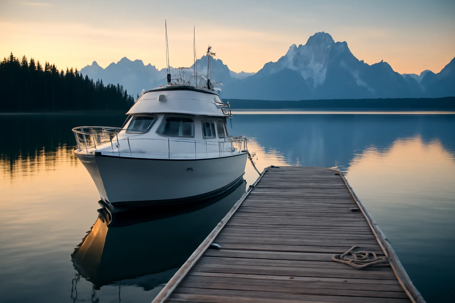 Wyoming yacht at a mountain lake dock at sunrise
